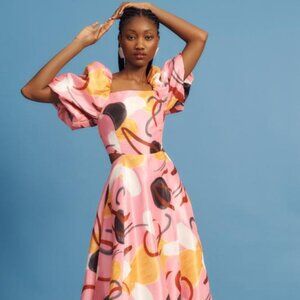 Aureta Studio/ Anthropologie Printed Puff-Sleeve Cutout Dress